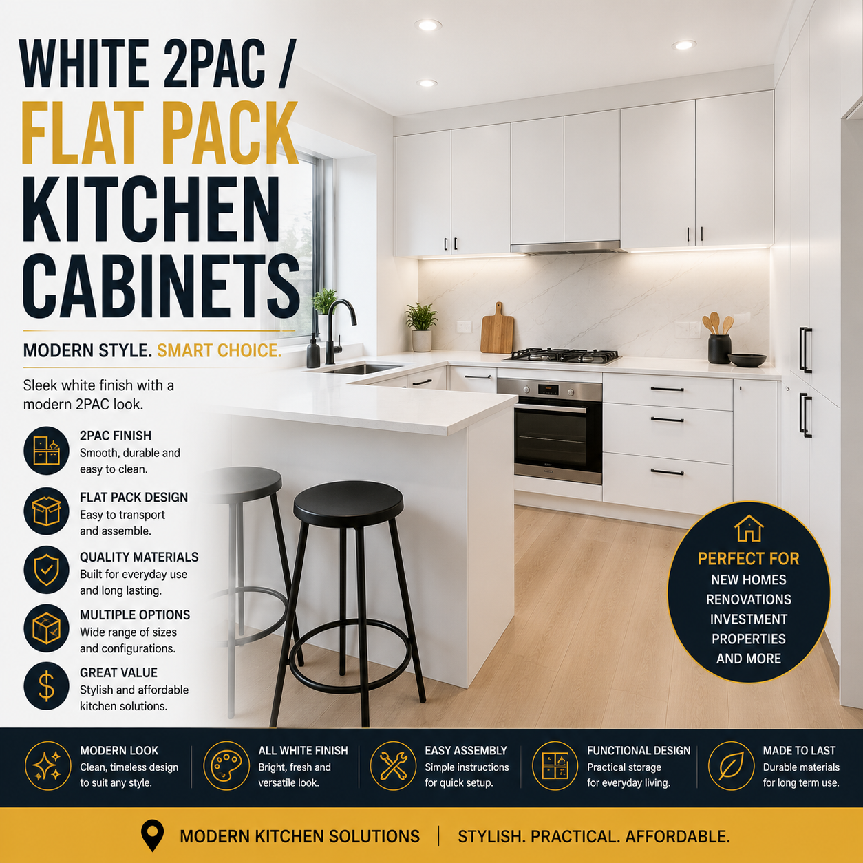 White 2PAC Flat Pack Kitchen Cabinets 